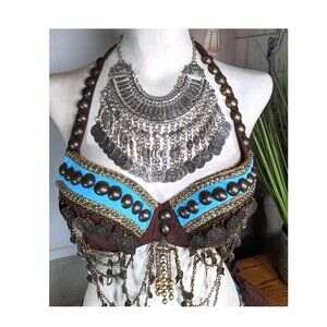 Vintage Belly Dance Boho Set - Silver Tone Coin Necklace - Bracelets - Earrings